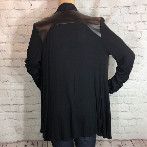 Ginger G Asymmetrical Black Open Front Cardigan Faux Leather Trim Medium - Picture 5 of 10